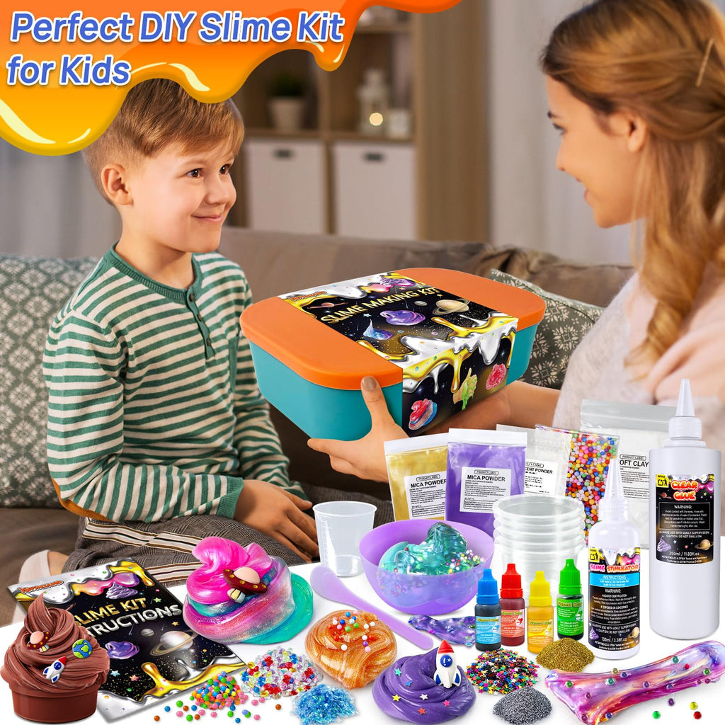 YOPINSAND Metallic Slime Kit - 27 Piece DIY Glitter Slime Making Kit for Kids with Glow in the Dark Powder and Charms