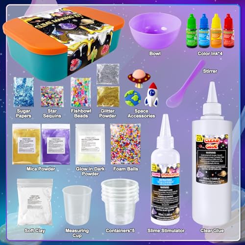 YOPINSAND Metallic Slime Kit - 27 Piece DIY Glitter Slime Making Kit for Kids with Glow in the Dark Powder and Charms