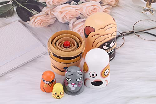 Yoption 6-Piece Handmade Wooden Matryoshka Dolls – Cute Dogs and Animal Nesting Set
