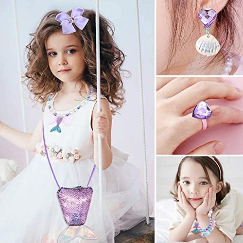 Yosbabe Purple Mermaid Costume Accessories Set – 7-Piece Gloves Tiara Wand Earrings Bracelet Ring Necklace for Girls