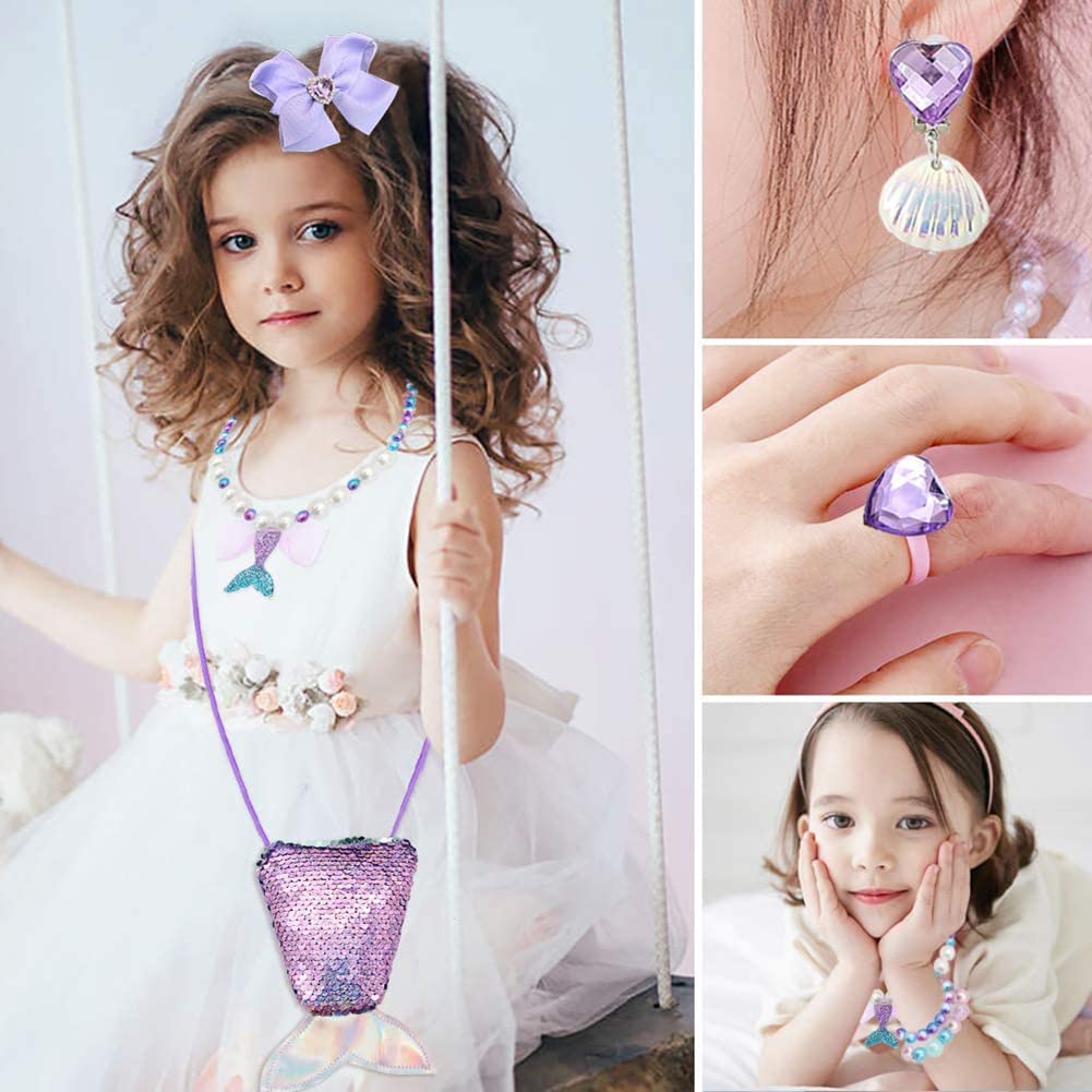 Yosbabe Purple Mermaid Costume Accessories Set – 7-Piece Gloves Tiara Wand Earrings Bracelet Ring Necklace for Girls