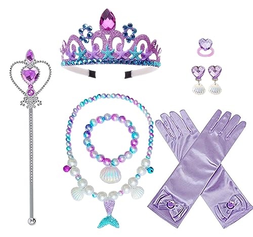 Yosbabe Purple Mermaid Costume Accessories Set – 7-Piece Gloves Tiara Wand Earrings Bracelet Ring Necklace for Girls