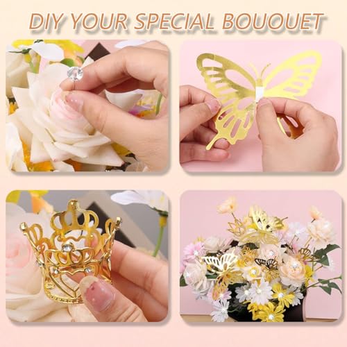 YOUlDIANZI Silver Flower Bouquet Accessories Set – 5 Crowns, 36 Butterfly Decorations, 100 Corsage Pins