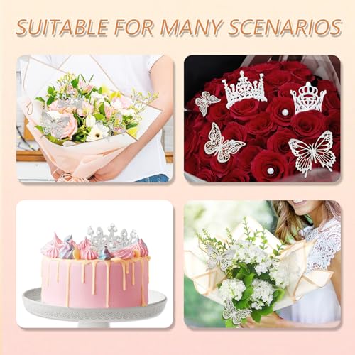 YOUlDIANZI Silver Flower Bouquet Accessories Set – 5 Crowns, 36 Butterfly Decorations, 100 Corsage Pins