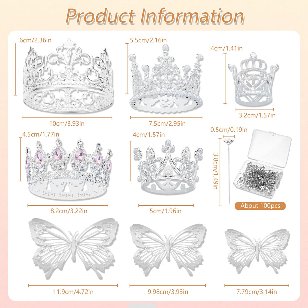 YOUlDIANZI Silver Flower Bouquet Accessories Set – 5 Crowns, 36 Butterfly Decorations, 100 Corsage Pins