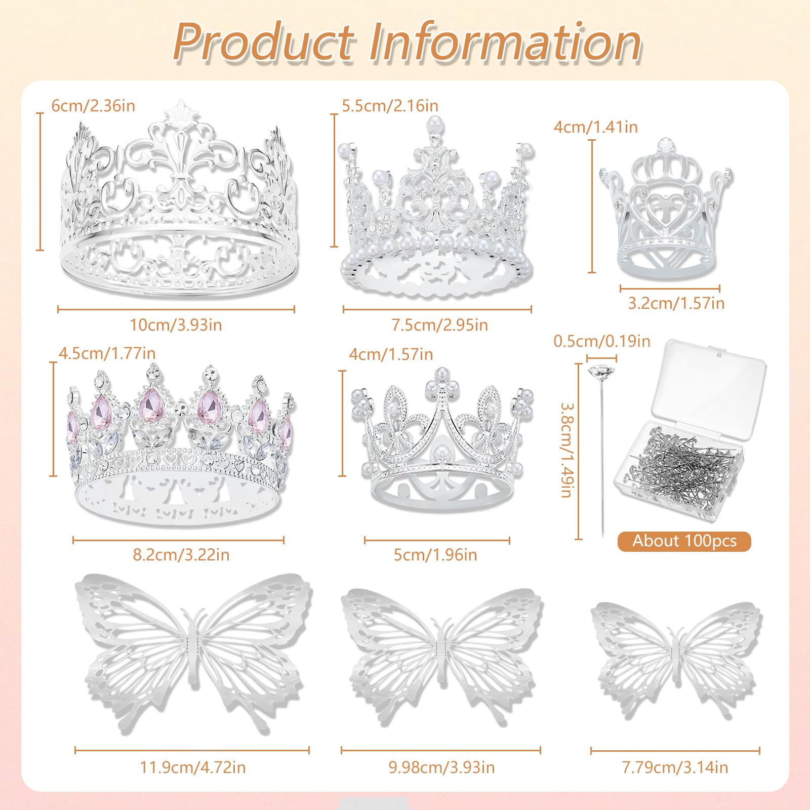 YOUlDIANZI Silver Flower Bouquet Accessories Set – 5 Crowns, 36 Butterfly Decorations, 100 Corsage Pins