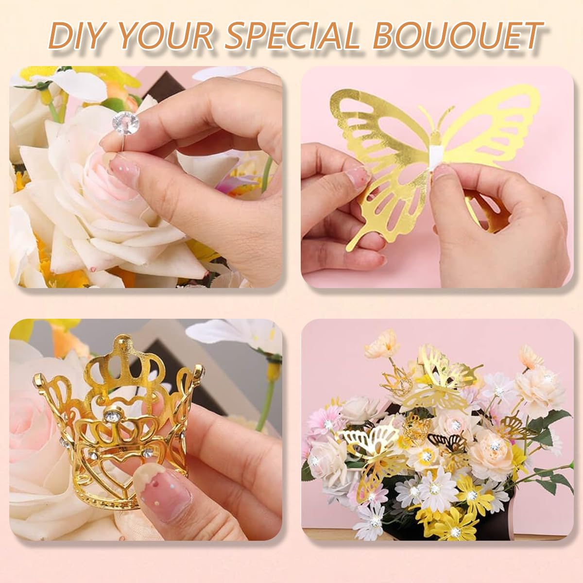 YOUlDIANZI Silver Flower Bouquet Accessories Set – 5 Crowns, 36 Butterfly Decorations, 100 Corsage Pins
