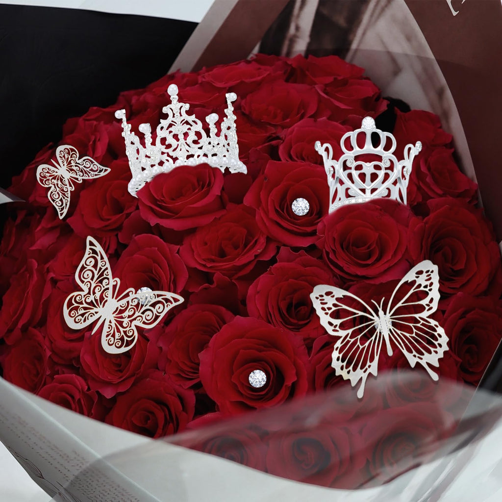 YOUlDIANZI Silver Flower Bouquet Accessories Set – 5 Crowns, 36 Butterfly Decorations, 100 Corsage Pins