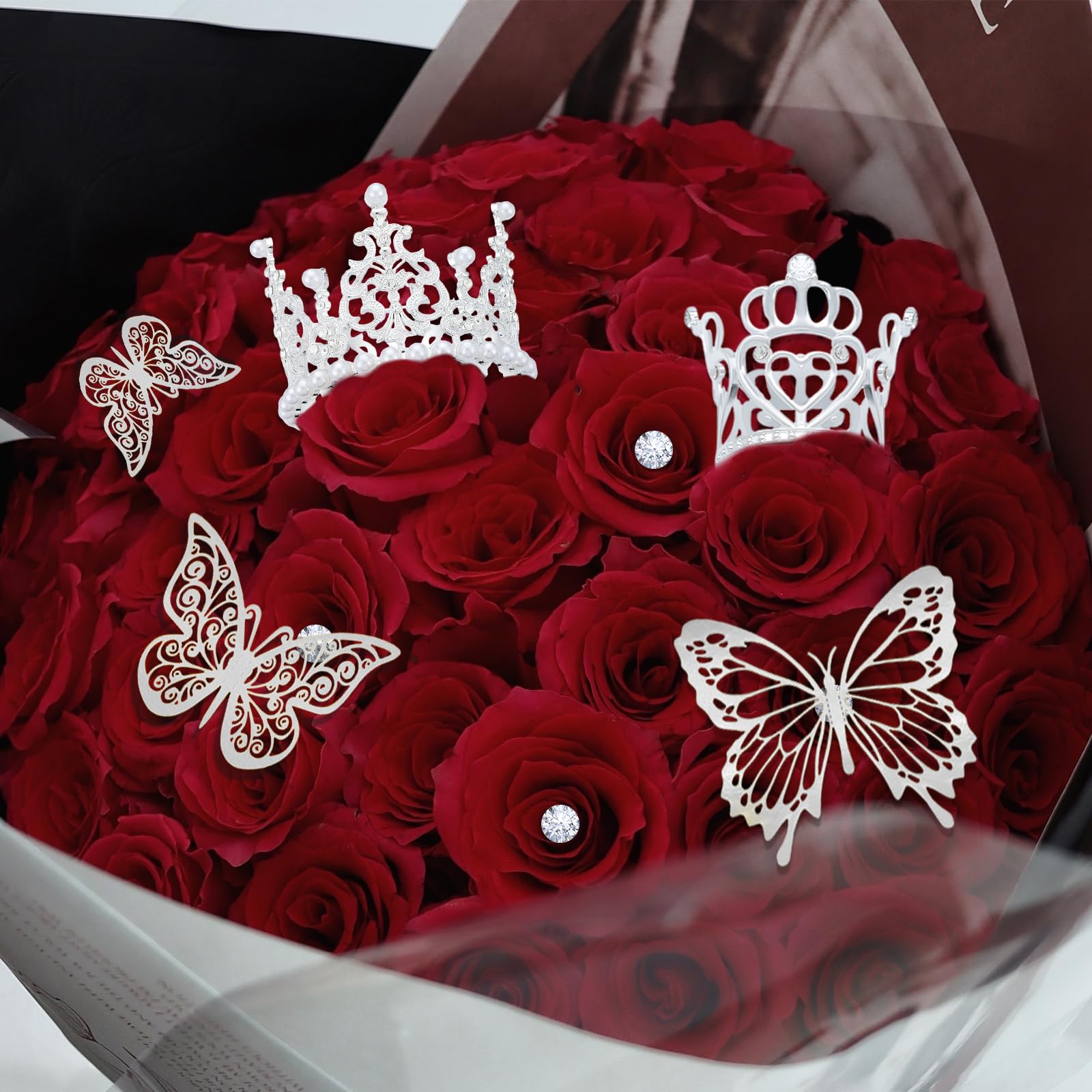 YOUlDIANZI Silver Flower Bouquet Accessories Set – 5 Crowns, 36 Butterfly Decorations, 100 Corsage Pins