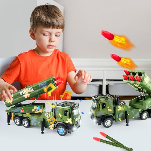 Youlechen Military Truck Toy with 6 Launching Missiles, Lights & Sounds, Rotating Turret