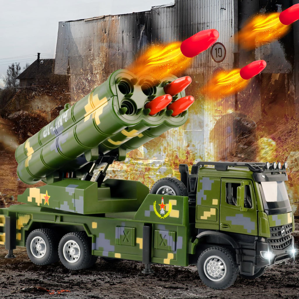 Youlechen Military Truck Toy with 6 Launching Missiles, Lights & Sounds, Rotating Turret