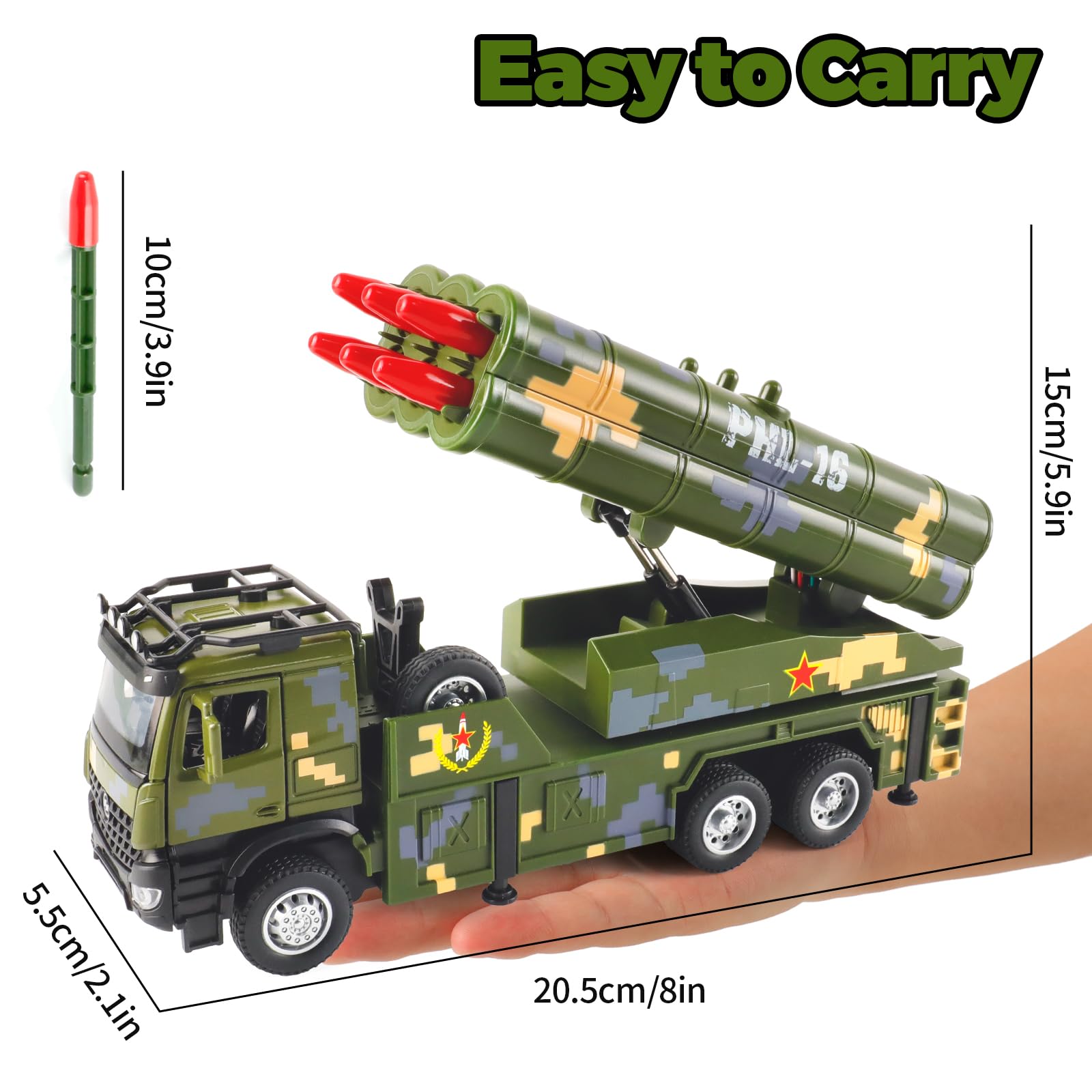 Youlechen Military Truck Toy with 6 Launching Missiles, Lights & Sounds, Rotating Turret