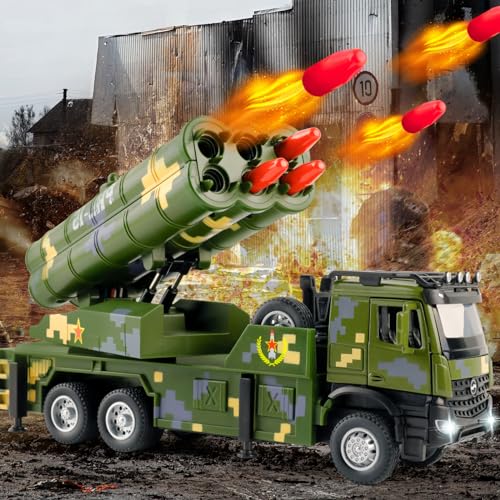 Youlechen Military Truck Toy with 6 Launching Missiles, Lights & Sounds, Rotating Turret