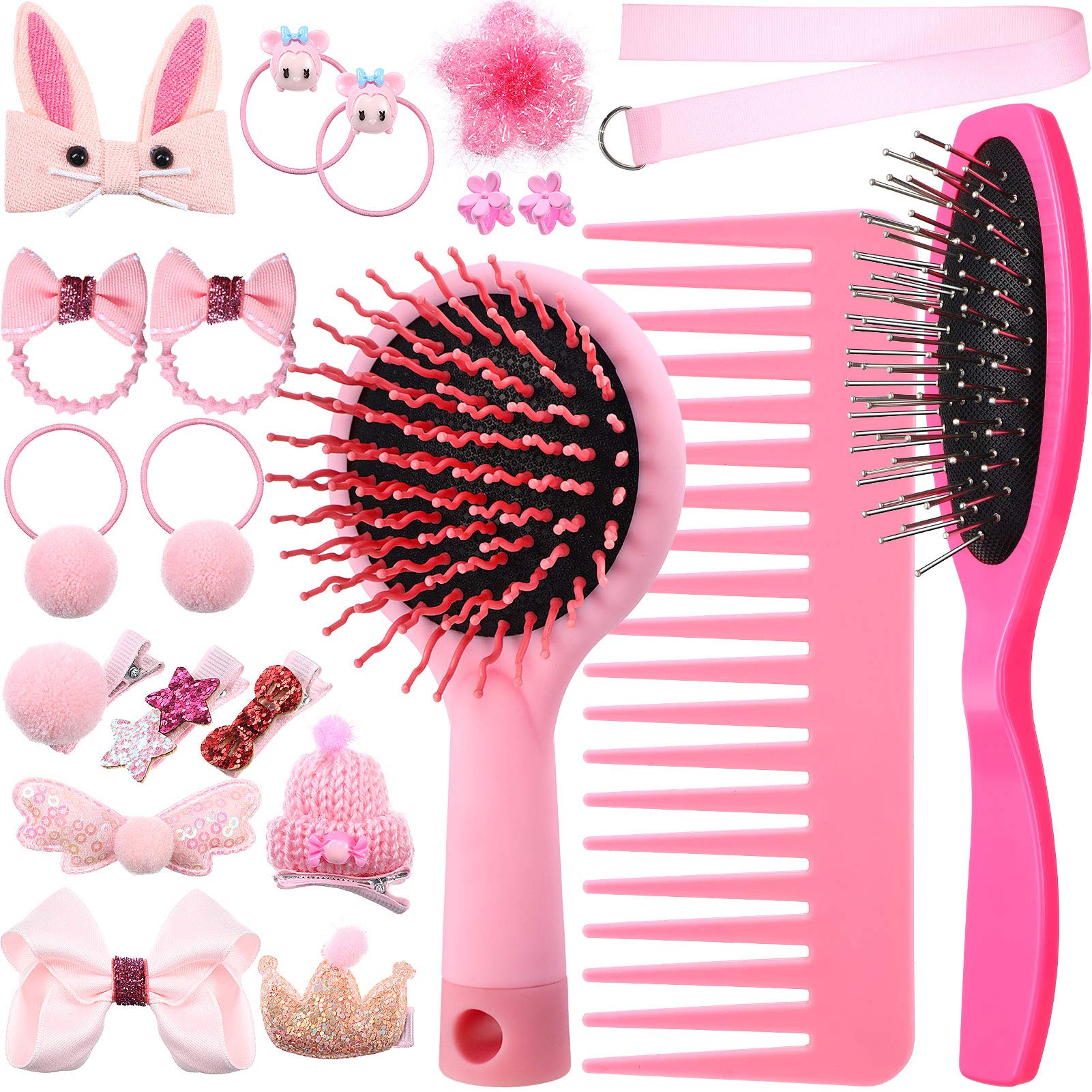 YoungJoy 21-Piece Doll Hair Styling Set – Pink Brushes, Clips & Ties for 18-Inch and 14-Inch Dolls