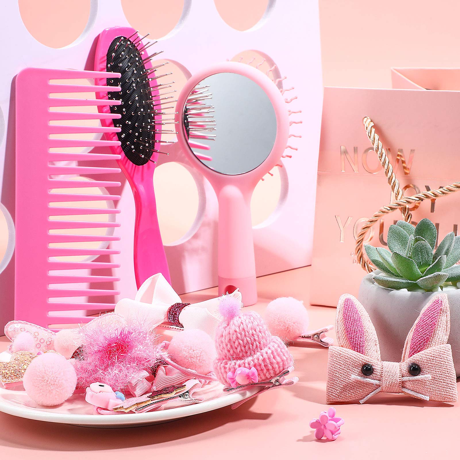 YoungJoy 21-Piece Doll Hair Styling Set – Pink Brushes, Clips & Ties for 18-Inch and 14-Inch Dolls