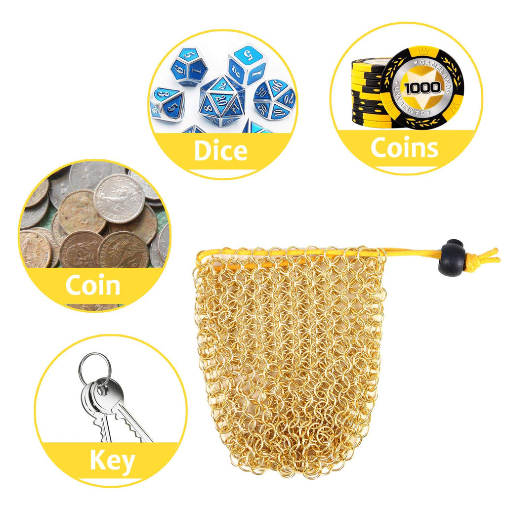 YOUSHARES Gold Chainmail D&D Dice Bag – Holds Up to 42 Polyhedral Dice in 304 Stainless Steel