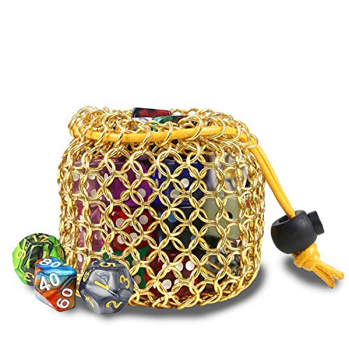 YOUSHARES Gold Chainmail D&D Dice Bag – Holds Up to 42 Polyhedral Dice in 304 Stainless Steel