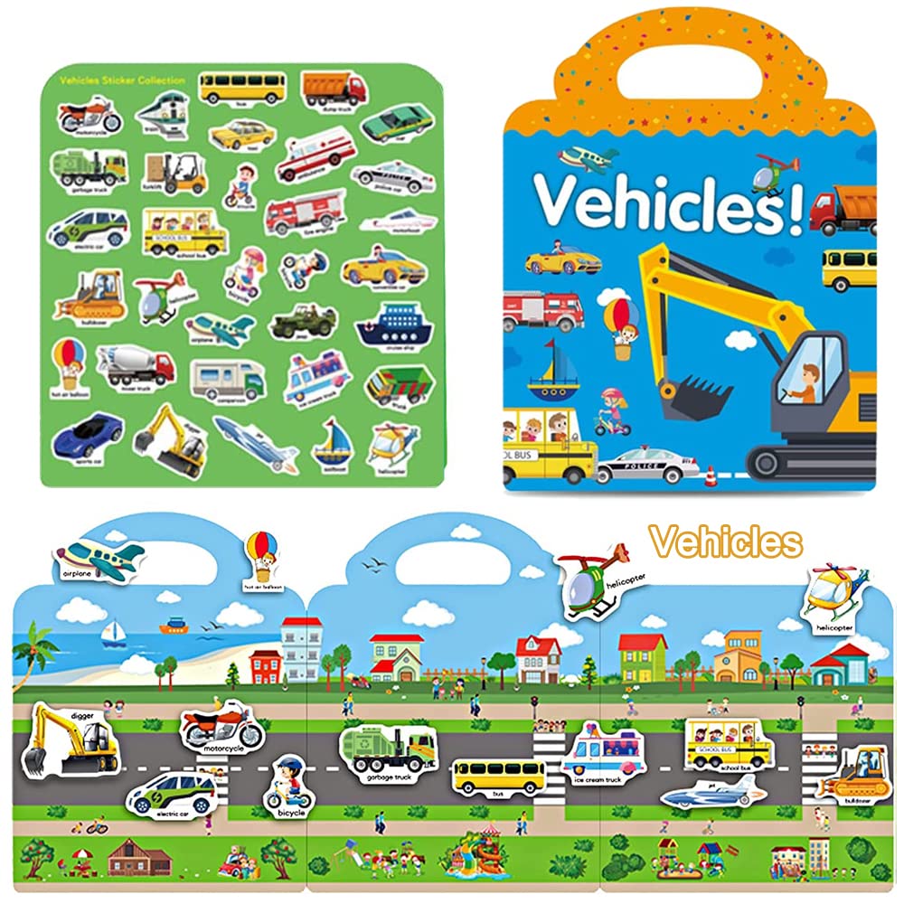 Yowlieu Reusable Sticker Books for Kids – 4 Sets of Removable Stickers (Vehicle, Farm, Dinosaur & Zoo Animal) – Portable Travel Toy for Boys Girls Ages 3-6