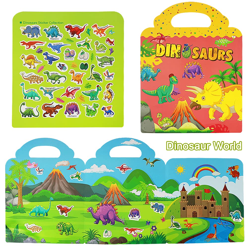 Yowlieu Reusable Sticker Books for Kids – 4 Sets of Removable Stickers (Vehicle, Farm, Dinosaur & Zoo Animal) – Portable Travel Toy for Boys Girls Ages 3-6