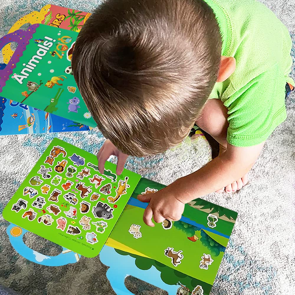 Yowlieu Reusable Sticker Books for Kids – 4 Sets of Removable Stickers (Vehicle, Farm, Dinosaur & Zoo Animal) – Portable Travel Toy for Boys Girls Ages 3-6