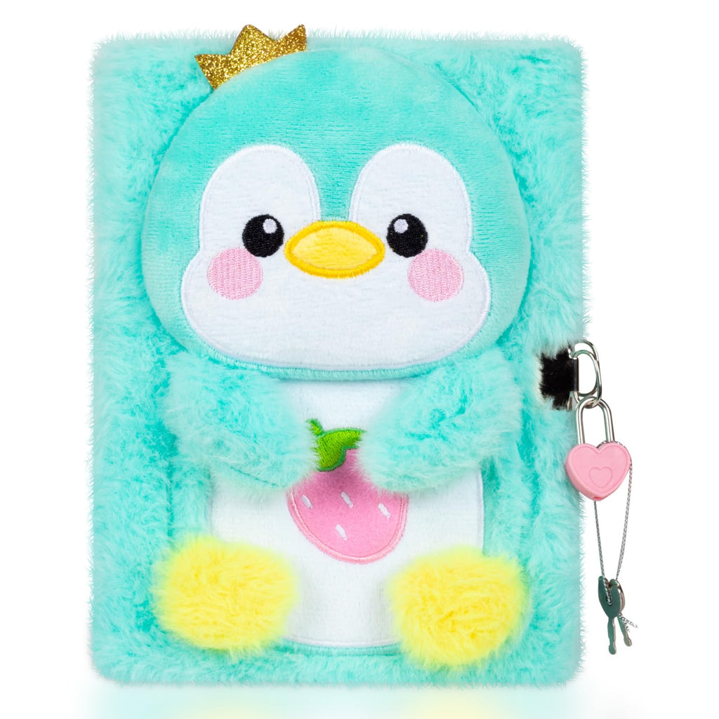 YOYTOO Green Penguin Plush Diary with Lock for Girls - 160 Lined Pages, A5, Heart Lock