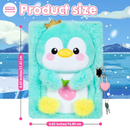 YOYTOO Green Penguin Plush Diary with Lock for Girls - 160 Lined Pages, A5, Heart Lock