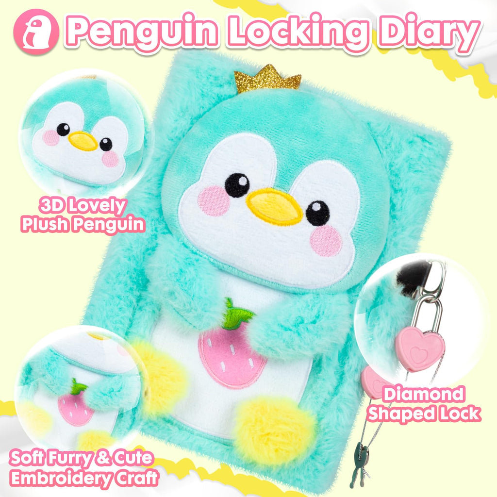 YOYTOO Green Penguin Plush Diary with Lock for Girls - 160 Lined Pages, A5, Heart Lock