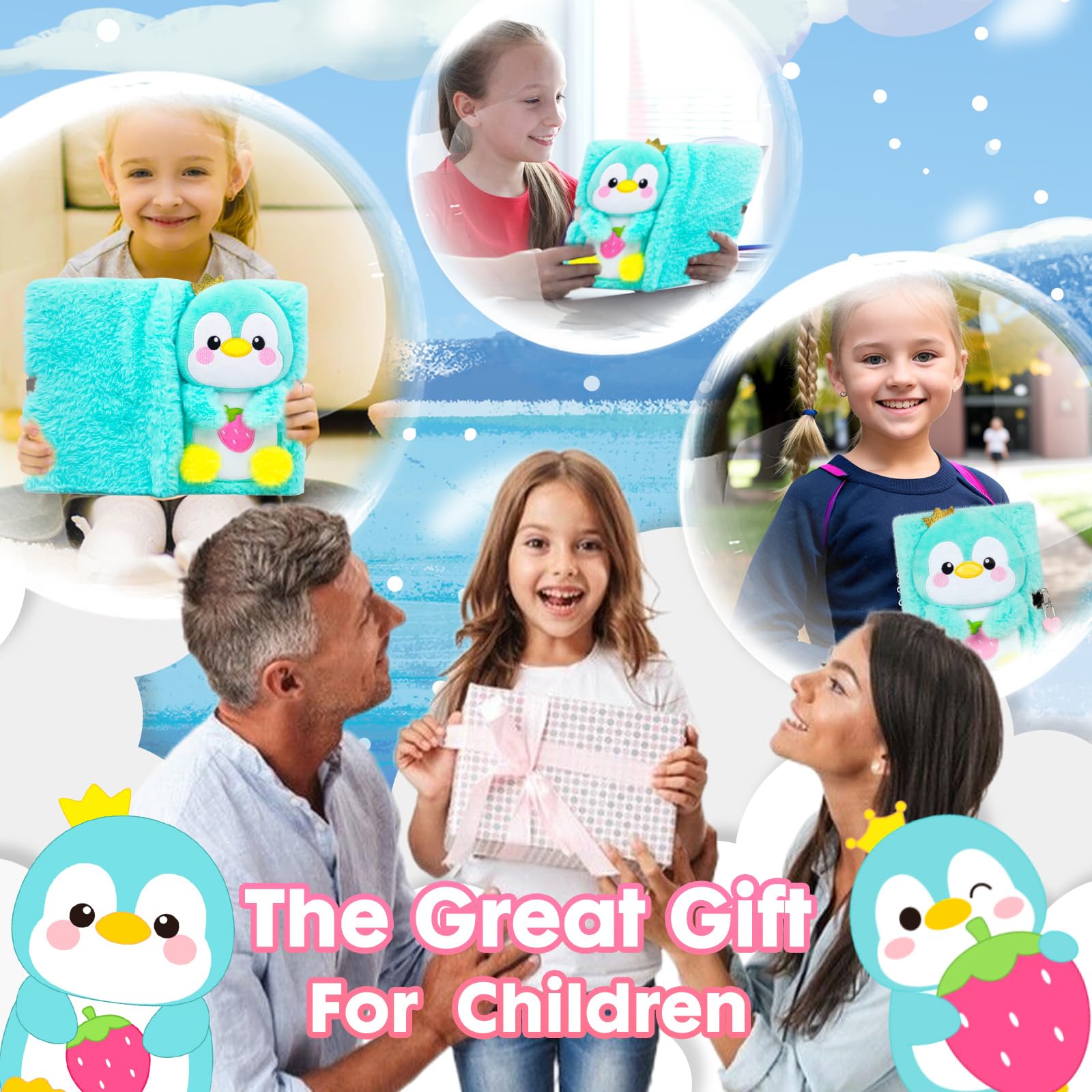 YOYTOO Green Penguin Plush Diary with Lock for Girls - 160 Lined Pages, A5, Heart Lock