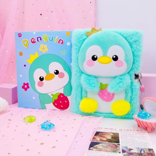 YOYTOO Green Penguin Plush Diary with Lock for Girls - 160 Lined Pages, A5, Heart Lock