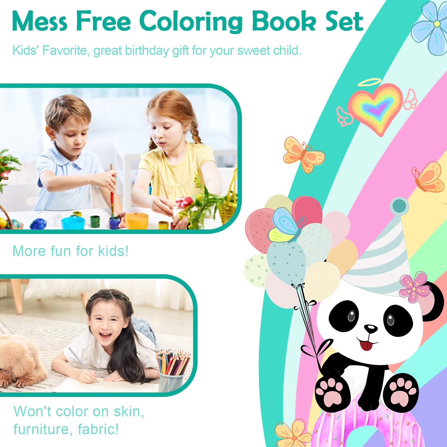 YOYTOO Panda Coloring Book Set with 60 Mess-Free Pages and Colored Pencils for Kids Ages 4-8