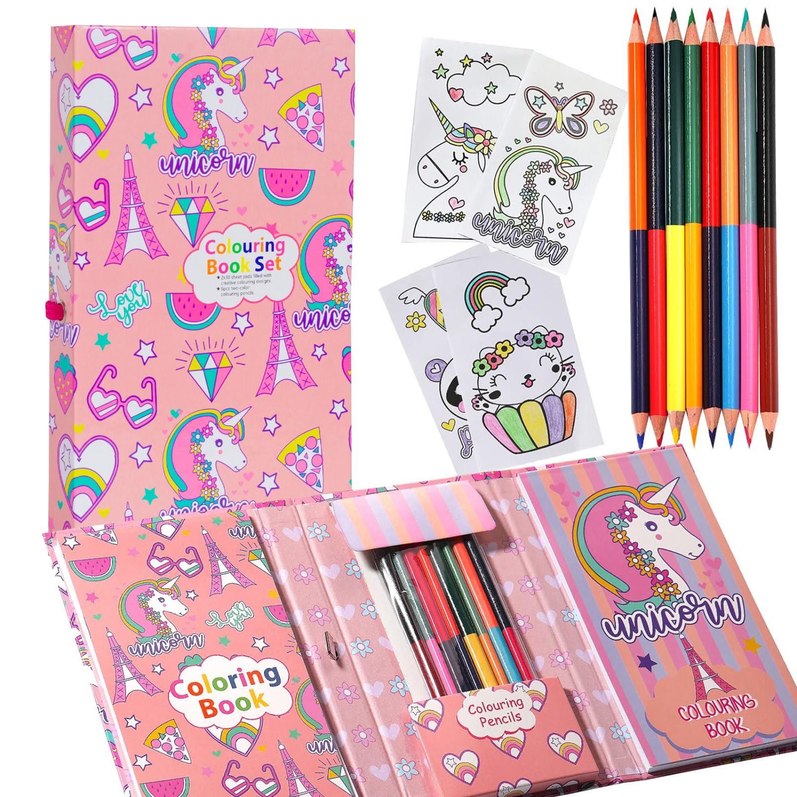 YOYTOO Unicorn Coloring Book Set - 60 Mess-Free Pages & 8 Two-Color Colored Pencils for Kids Ages 4-8