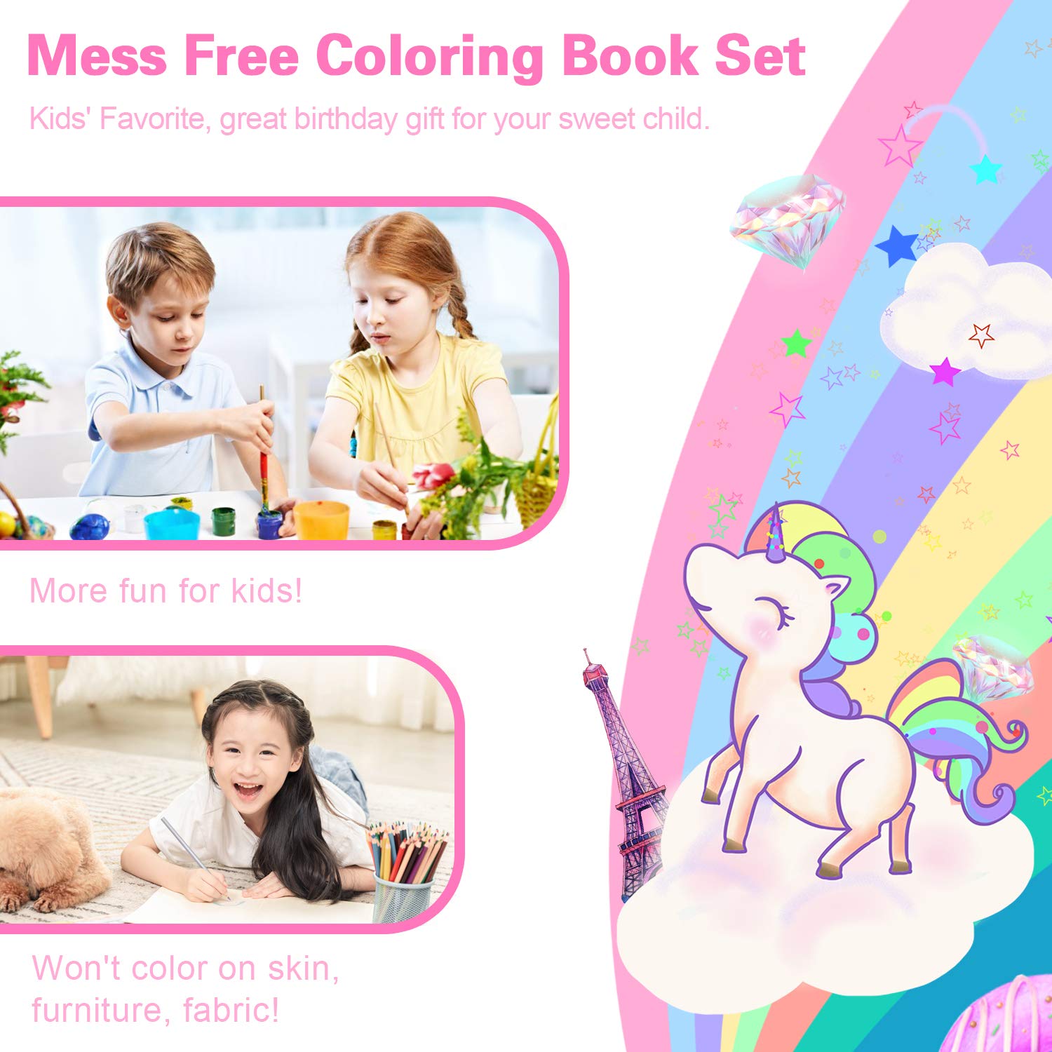 YOYTOO Unicorn Coloring Book Set - 60 Mess-Free Pages & 8 Two-Color Colored Pencils for Kids Ages 4-8