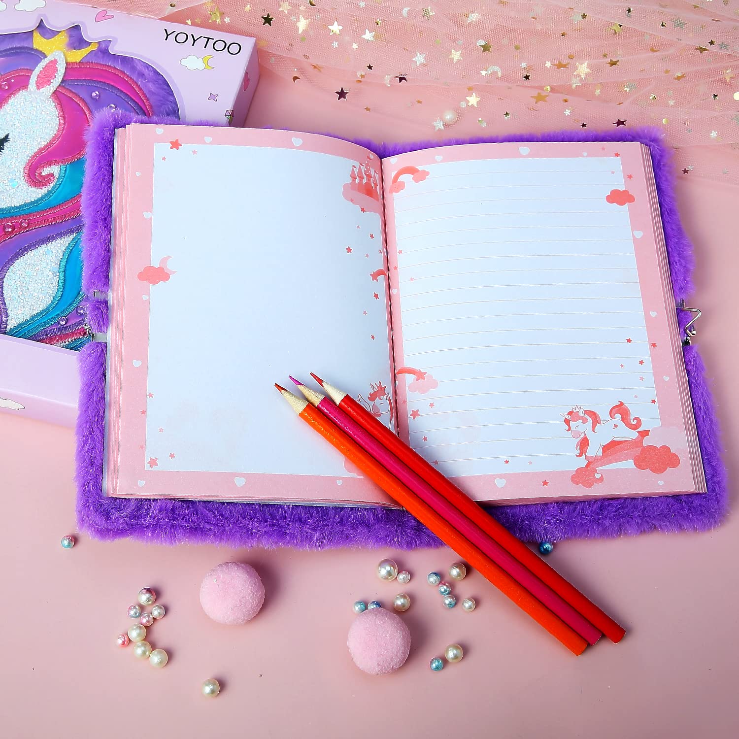 YOYTOO Unicorn Diary with Lock for Girls – Plush Secret Journal, 160 Pages, Ages 5-12