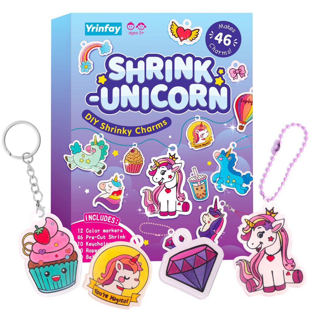Yrinfay 89-Piece Unicorn Shrink Plastic Art Kit – Pre-Cut Charms, Markers, and Keychain Accessories for Kids