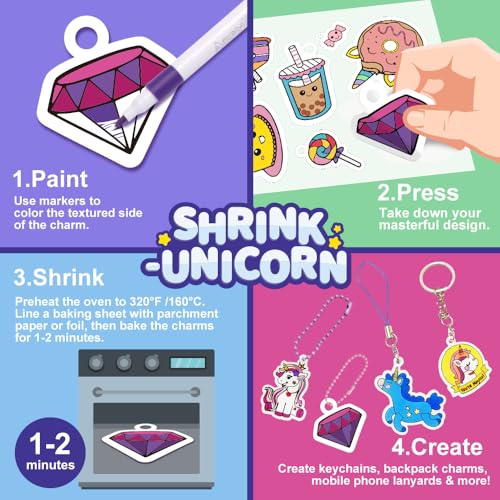 Yrinfay 89-Piece Unicorn Shrink Plastic Art Kit – Pre-Cut Charms, Markers, and Keychain Accessories for Kids