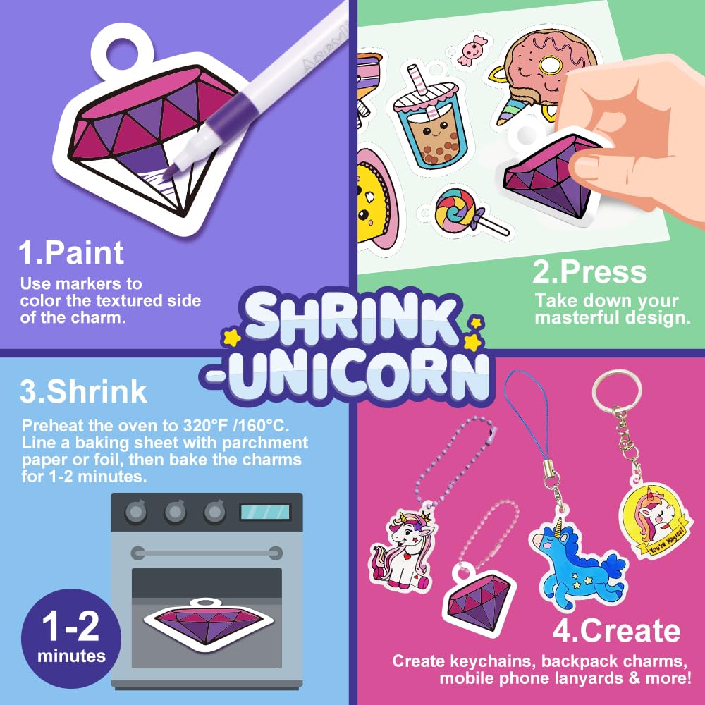 Yrinfay 89-Piece Unicorn Shrink Plastic Art Kit – Pre-Cut Charms, Markers, and Keychain Accessories for Kids