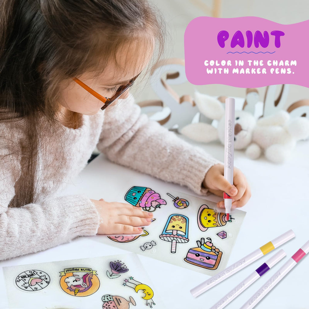 Yrinfay 89-Piece Unicorn Shrink Plastic Art Kit – Pre-Cut Charms, Markers, and Keychain Accessories for Kids