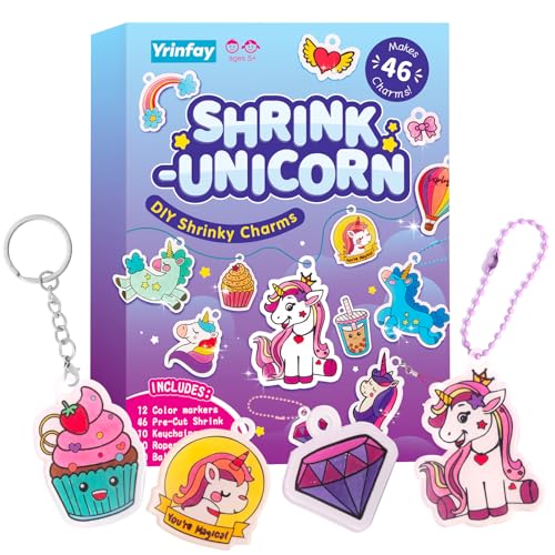 Yrinfay 89-Piece Unicorn Shrink Plastic Art Kit – Pre-Cut Charms, Markers, and Keychain Accessories for Kids
