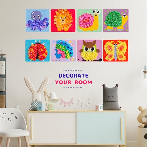 Yrinfay Poke Art Craft Kit - DIY 8 Animals (Lion, Owl, Peafowl, Ladybug) Mess-Free Sewing Art Toy for Kids Ages 6-12