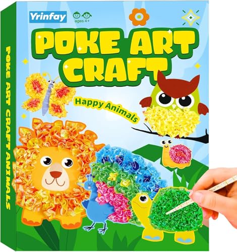 Yrinfay Poke Art Craft Kit - DIY 8 Animals (Lion, Owl, Peafowl, Ladybug) Mess-Free Sewing Art Toy for Kids Ages 6-12
