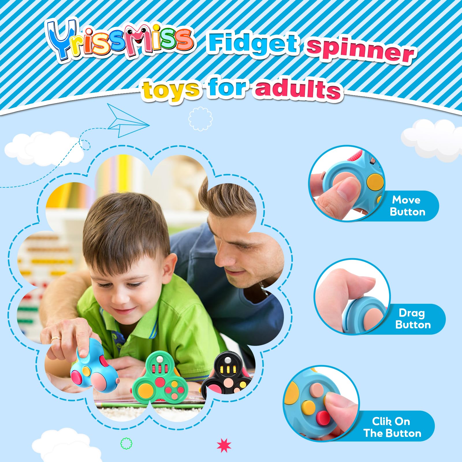Yrissmiss 3-Pack Fidget Pads for Adults – Quiet Sensory Toys with Clickers, Switches & Silent Spinner for Stress Relief at Work or Home
