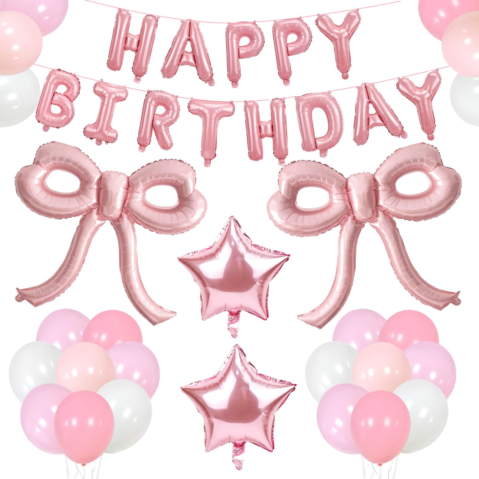 YTHETM Pink Bow Birthday Decorations Kit – 36-Inch Giant Bow Balloons, Happy Birthday Banner, and 36+ Party Balloons