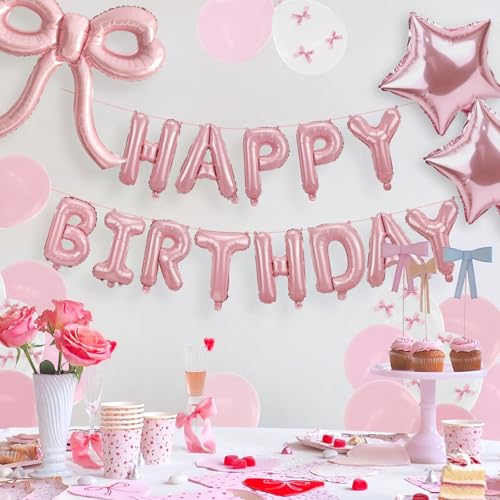 YTHETM Pink Bow Birthday Decorations Kit – 36-Inch Giant Bow Balloons, Happy Birthday Banner, and 36+ Party Balloons