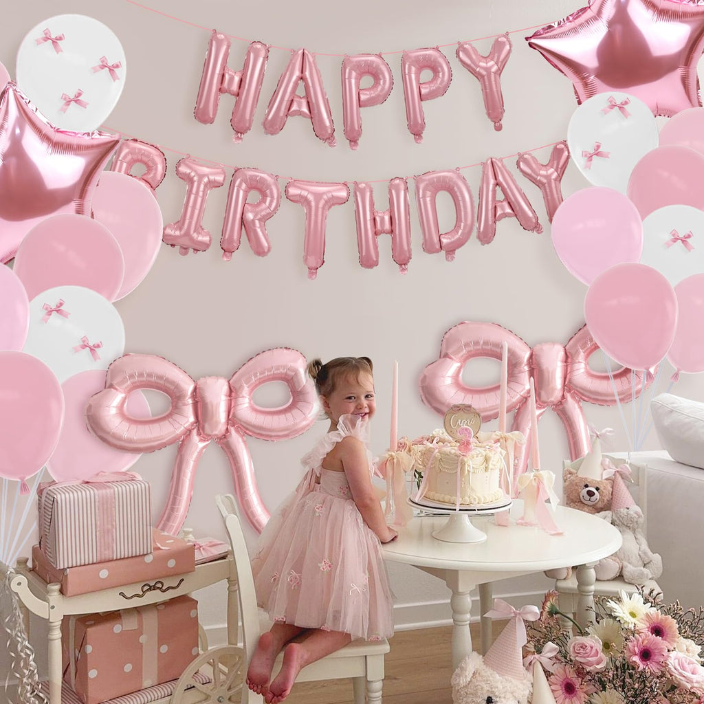 YTHETM Pink Bow Birthday Decorations Kit – 36-Inch Giant Bow Balloons, Happy Birthday Banner, and 36+ Party Balloons