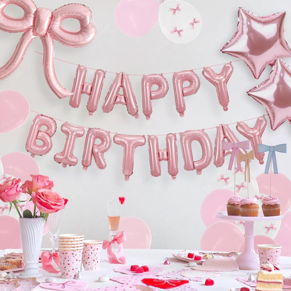 YTHETM Pink Bow Birthday Decorations Kit – 36-Inch Giant Bow Balloons, Happy Birthday Banner, and 36+ Party Balloons