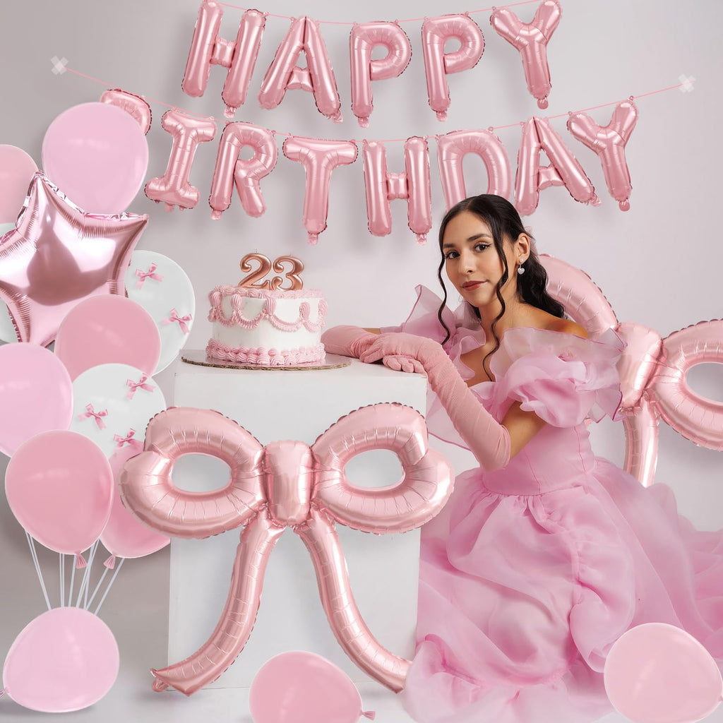 YTHETM Pink Bow Birthday Decorations Kit – 36-Inch Giant Bow Balloons, Happy Birthday Banner, and 36+ Party Balloons