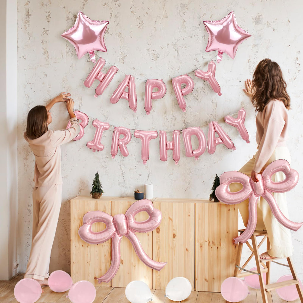 YTHETM Pink Bow Birthday Decorations Kit – 36-Inch Giant Bow Balloons, Happy Birthday Banner, and 36+ Party Balloons