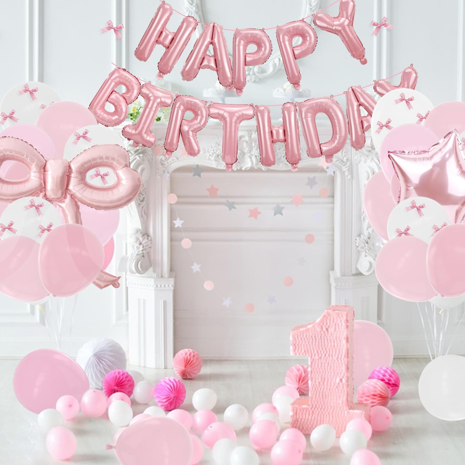 YTHETM Pink Bow Birthday Decorations Kit – 36-Inch Giant Bow Balloons, Happy Birthday Banner, and 36+ Party Balloons