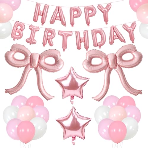YTHETM Pink Bow Birthday Decorations Kit – 36-Inch Giant Bow Balloons, Happy Birthday Banner, and 36+ Party Balloons