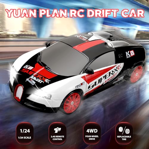 YUAN PLAN 1:24 RC Drift Car 4WD 15KM/H with Lights and Extra Tires - Black